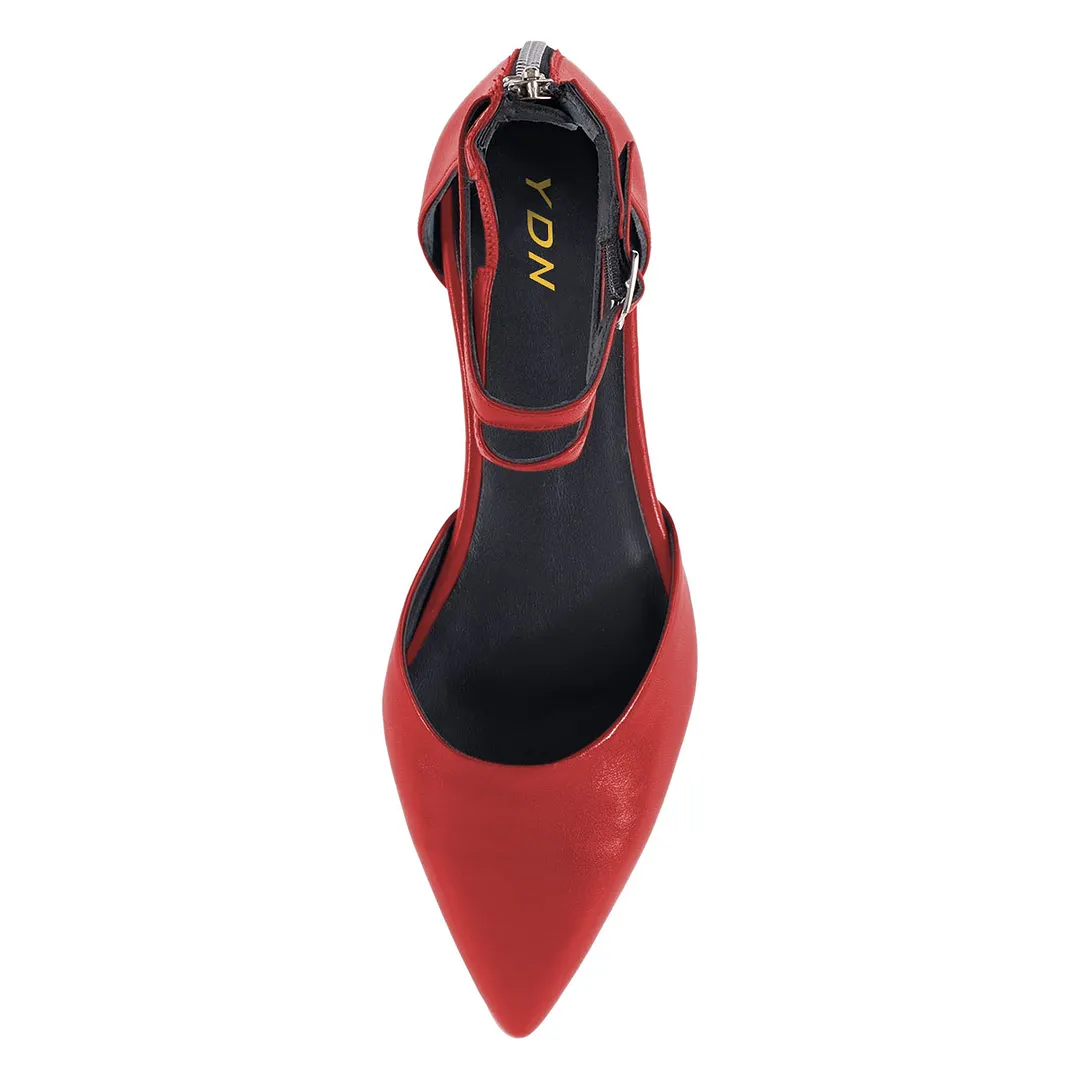 Simple Red Vegan Leather Ankle Strap D'orsay Pointed Toe Flats