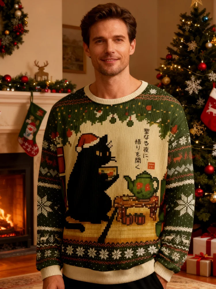 Cute Cat Drinking Tea Christmas Ugly Sweatshirt