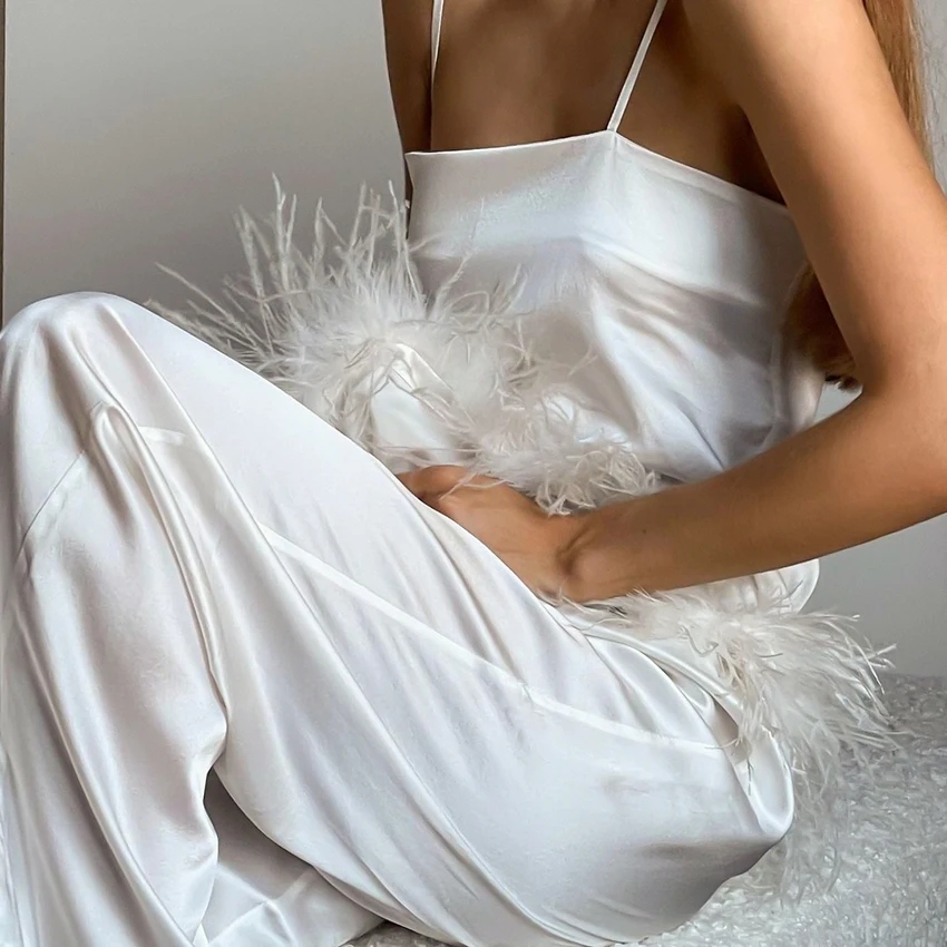 Magibyte fall outfits women Satin Pajamas With Feathers Sleepwear Women Sets With Pants Black Spaghetti Strap Home Suit White Trouser Suits 2025