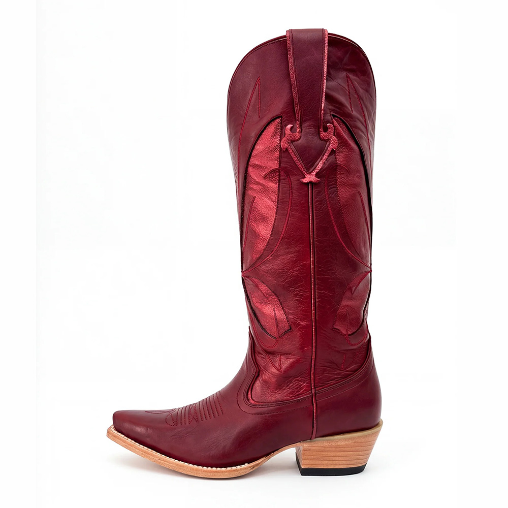 Maroon Snip Toe Chunky Heel Butterfly Inlay Embroidered Western Boots Nicepairs