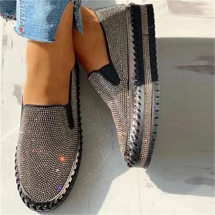 Women Rhinestone Platform Breathable Slip-on Shoes Jeweled Loafers