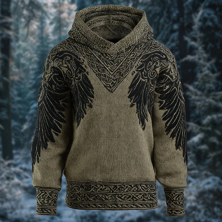 Men's Retro Viking Wings Celtic Knot Print Cozy Knit Hooded Sweater