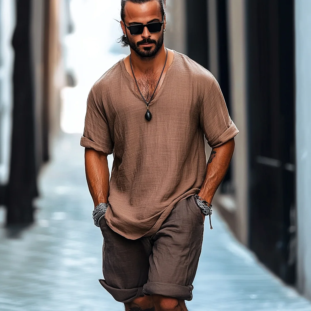 Men's Linen V-neck Short Sleeve & Shorts Set-inspireuse