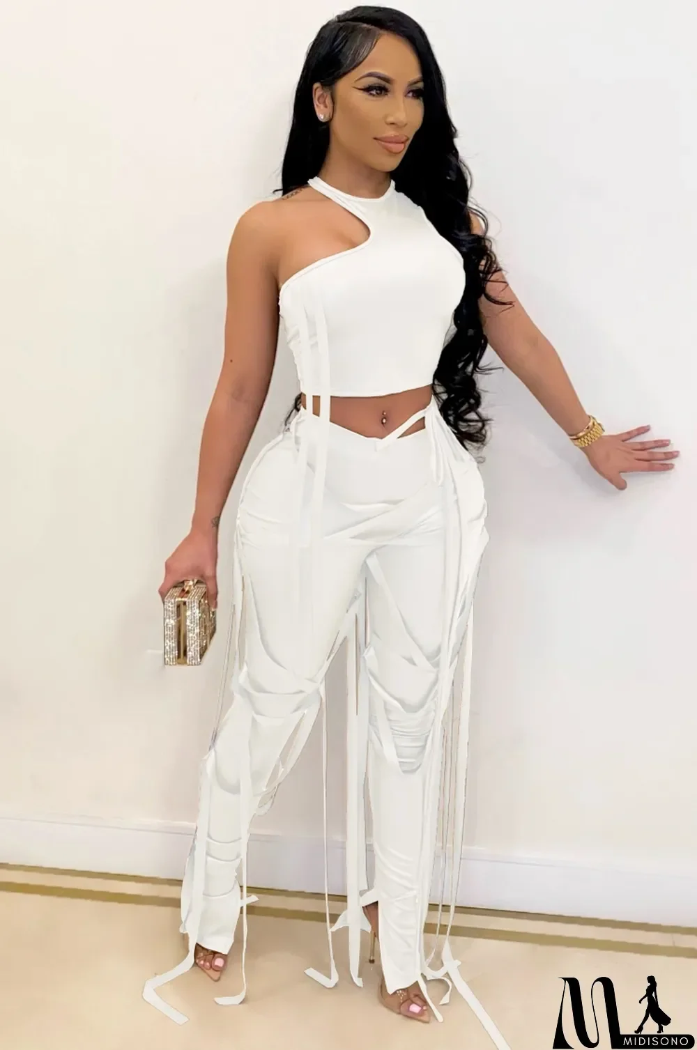 MidiSono - Summer White Leather Sexy Tassels Bodycon Crop Top and Pants Set