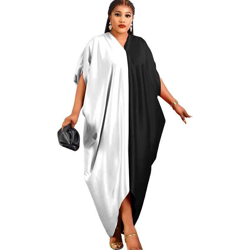 Woherb Women Loose Dresses Patchwork Contrast Color Casual Fashion Celebrate African Female Kaftan Spring Summer Robes 2022 New Ladies