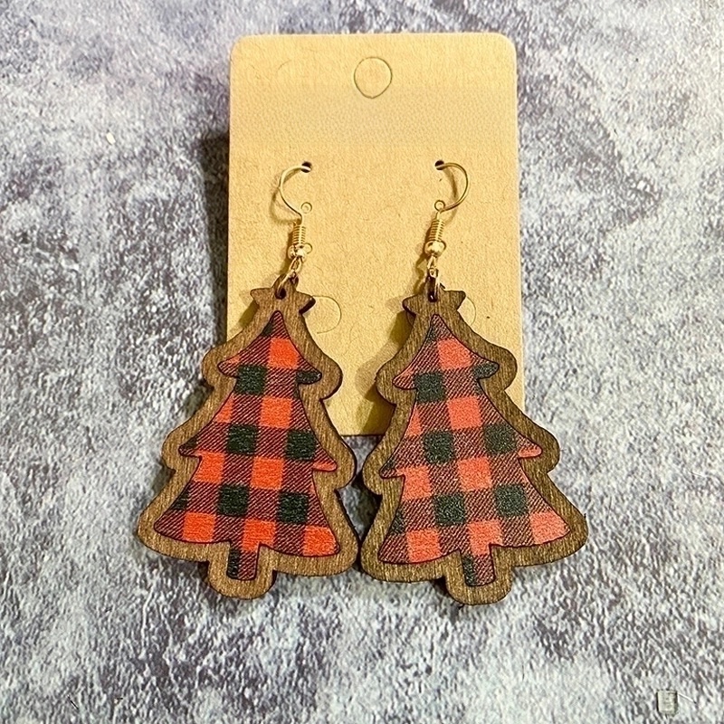 1 Pair Retro Christmas Tree Plaid Wood Drop Earrings