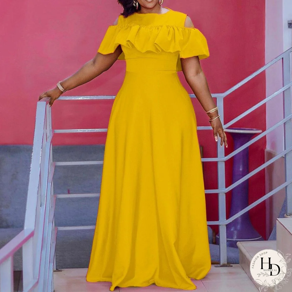 Summer New Round Neck Boho Dress Women Off-shoulder Temperament Short-sleeved Pleated Waist Long Dress