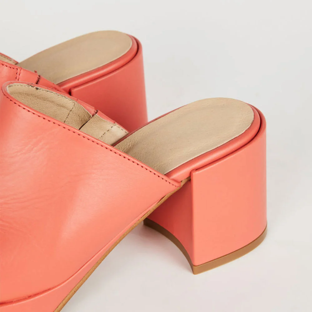 Women's Round Toe Chunky Heel Slip On Mules Shoes in Salmon