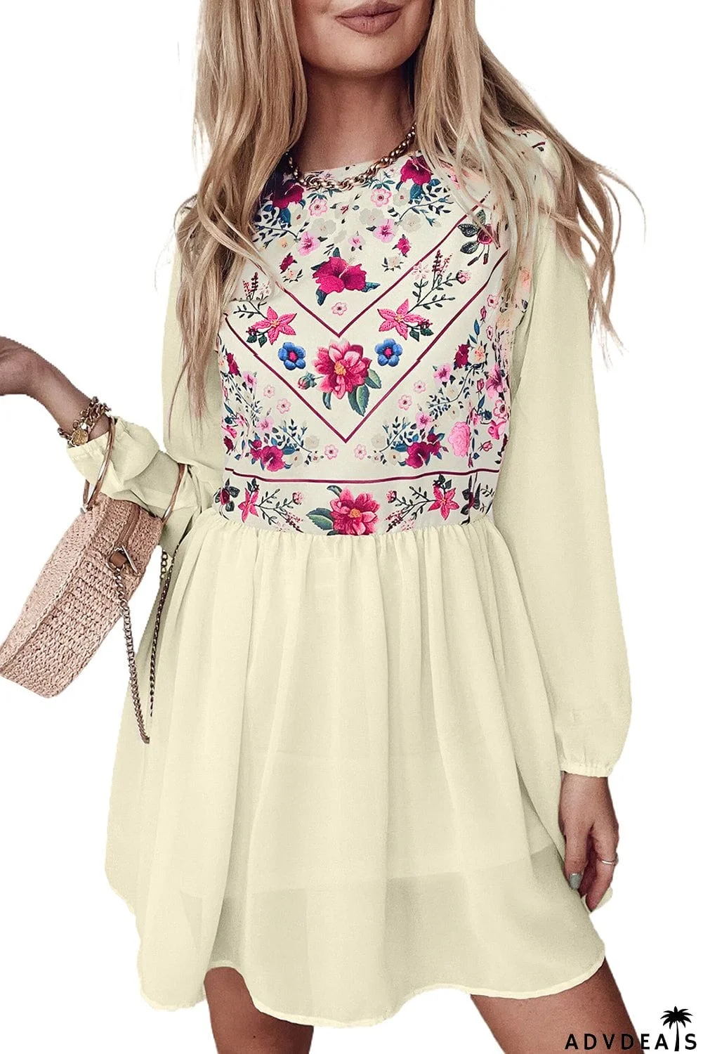 Floral Mesh Splicing Lined Flowy Dress