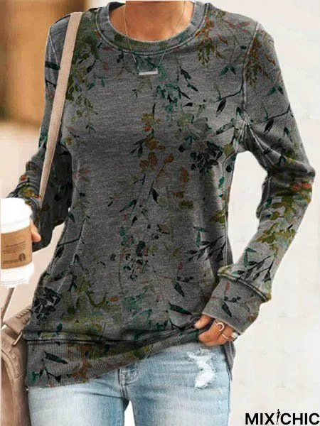 Casual Crew Neck Cotton-Blend Leaves Shirt & Top