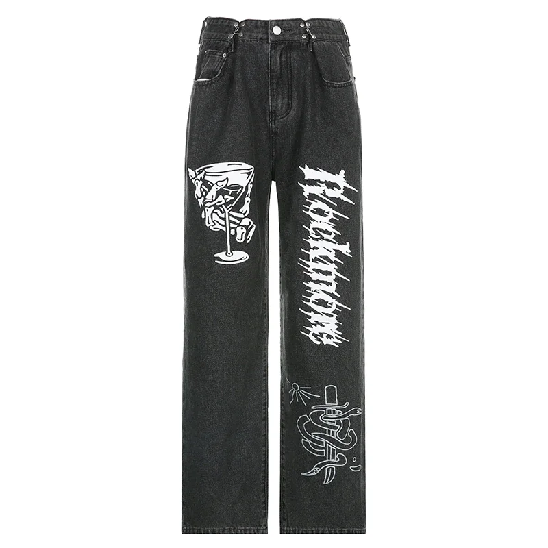 Toloer Rockmore Gothic Street Jeans Women'S Low Waist Wide Leg Pants Y2K Print Baggy Casual Straight Cargo Denim Trousers Female Korean