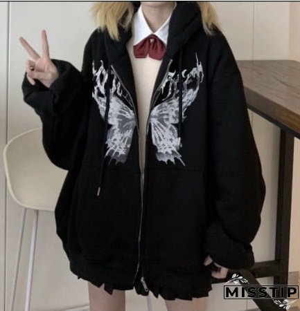 Y2K Butterfly Print Hoodies Women Gothic Grunge Long Sleeve Oversize Zip Hoodie Jacket