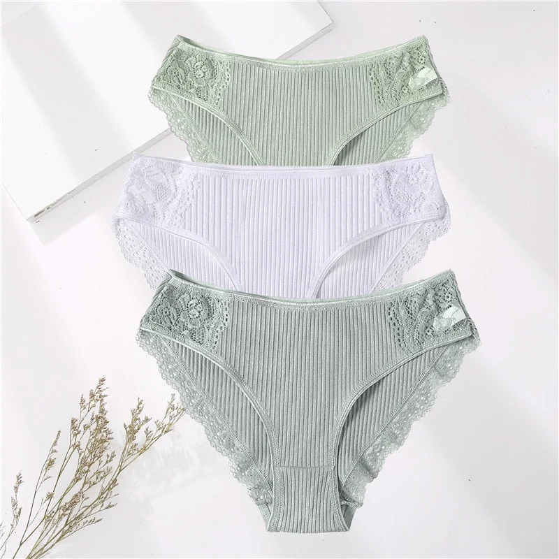 FINETOO 3PCS/Set M-XXL Cotton Underwear Women's Panties Comfort Underpants Floral Lace Briefs For Woman Sexy Low-Rise Intimates