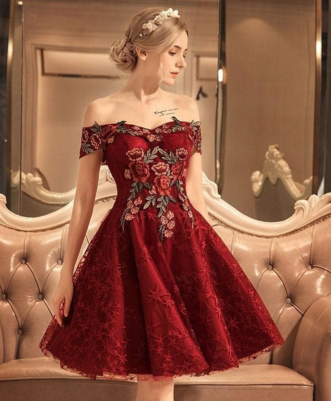 Burgundy Lace Off Shoulder Short Prom Dress, Lace Evening Dress