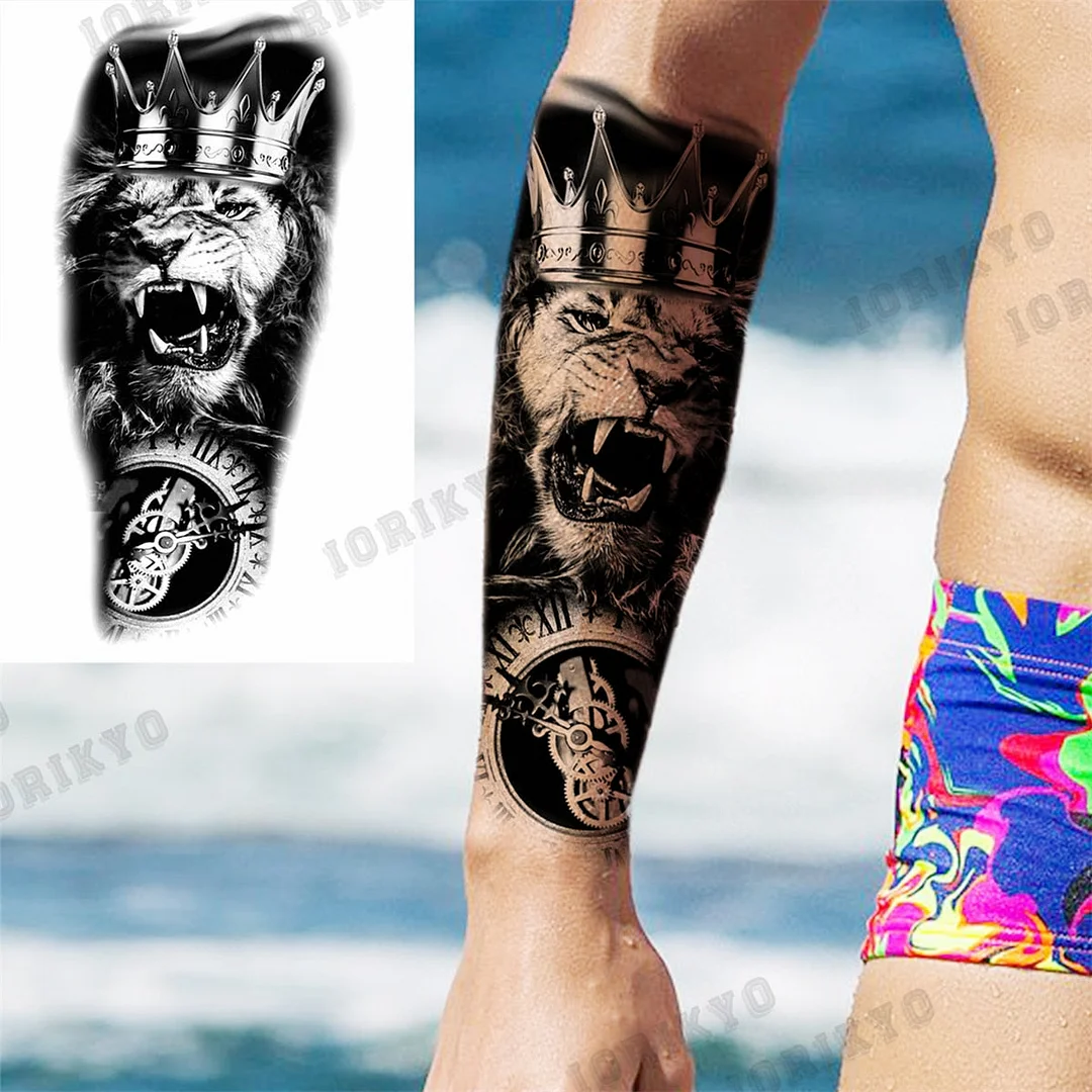 Black Lion Wolf Temporary Tattoos For Men Adult Forest Rose Compass Warrior Fake Tattoo Washable Body Art Painting Tatoo Sticker