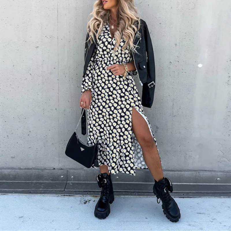 Women Floral Print V Neck Side Slit Party Dress Spring Autumn Long Sleeve Elegant Ladies Sexy Elastic Waist Slim Dress Vestidos