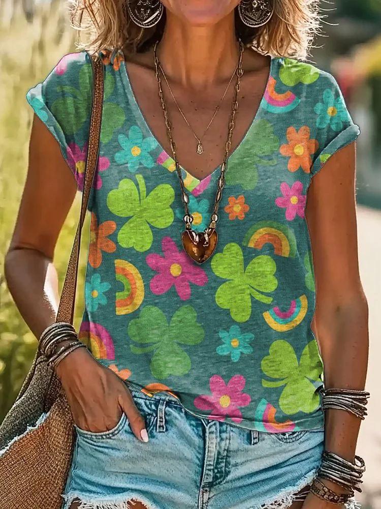 Women's Saint Patrick's Day Print 100%Cotton V-neck T-Shirt
