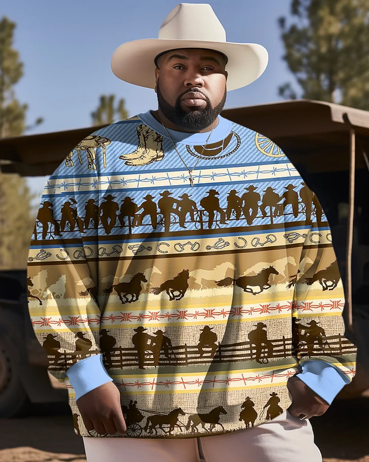 Men's Plus Size Western Ethnic Style Horse Farmer Long Sleeve Sweatshirt