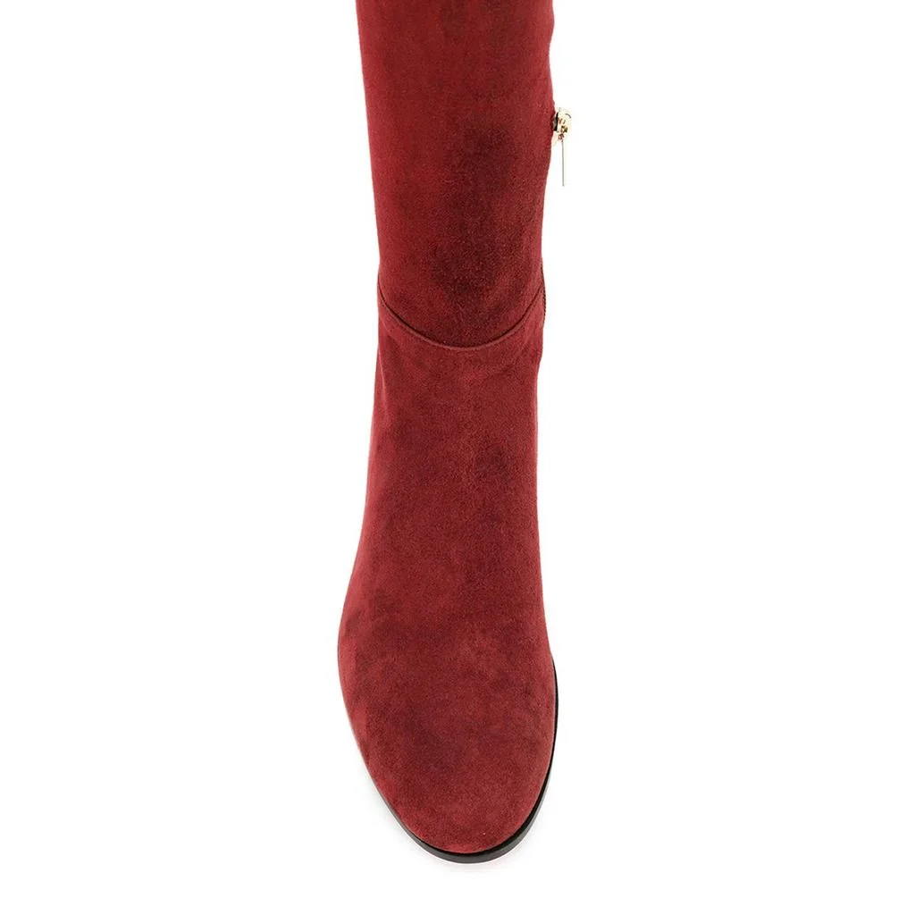 YDN Red Vegan Suede Round Toe Chunky Heel Over The Knee Boots