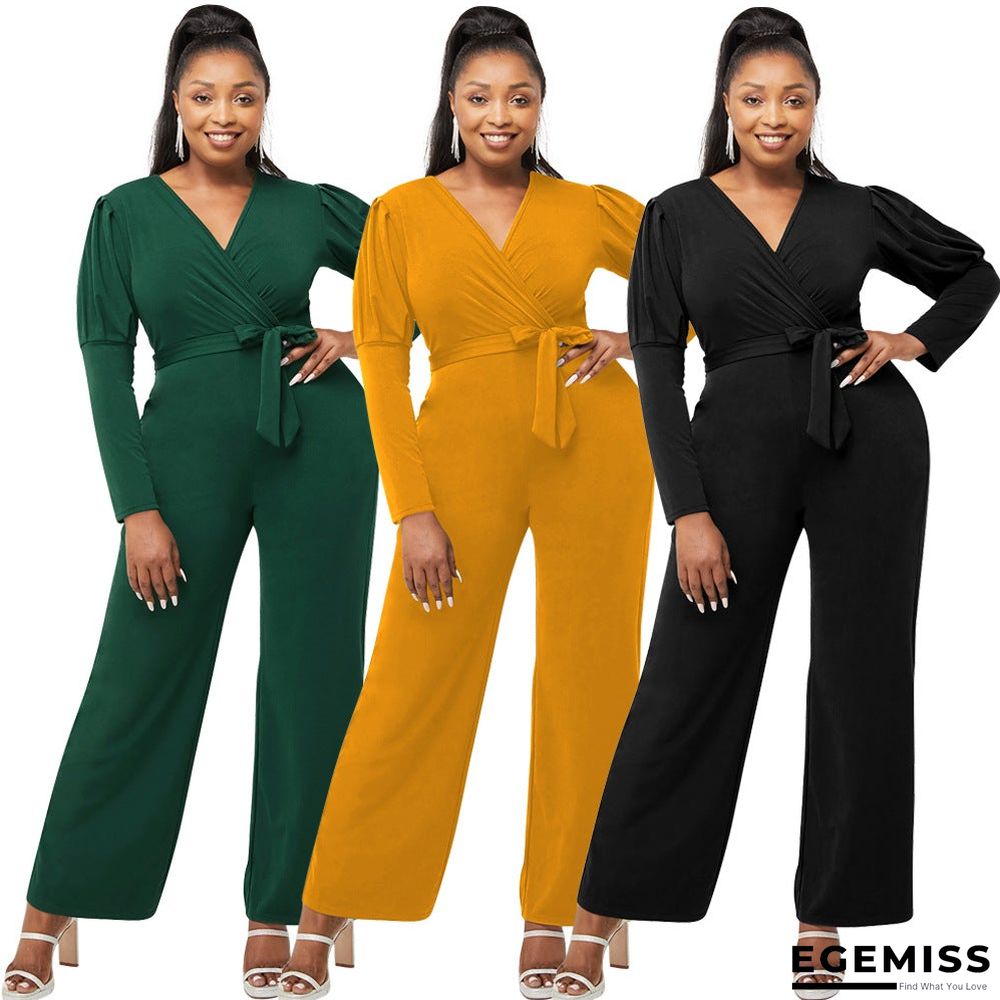 Autumn and Winter Solid Color V-neck Bubble Sleeve Personalized Casual Wide Leg Jumpsuit | EGEMISS