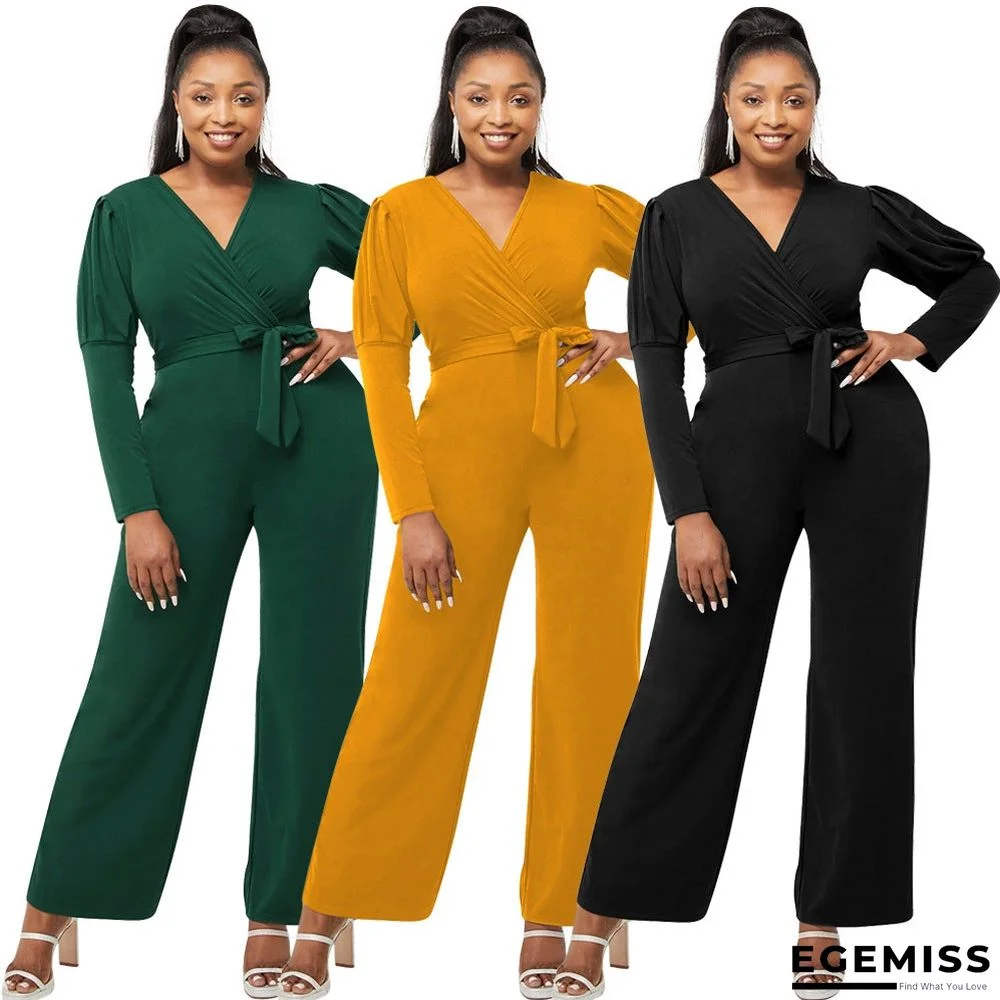 Autumn and Winter Solid Color V-neck Bubble Sleeve Personalized Casual Wide Leg Jumpsuit | EGEMISS