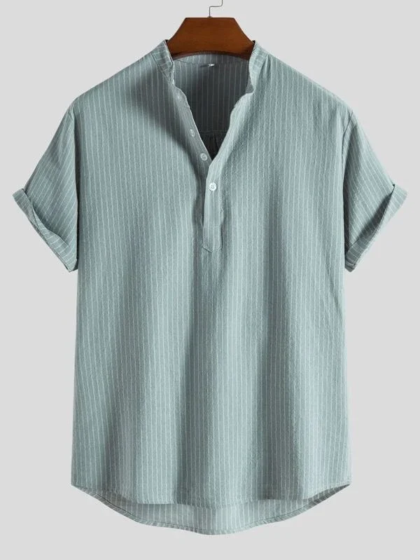 Men Linen Striped Half Button Shirt
