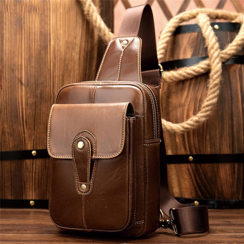 Men’s Retro Style Soft Genuine Leather Large Capacity Adjustable Sling Chest Bag