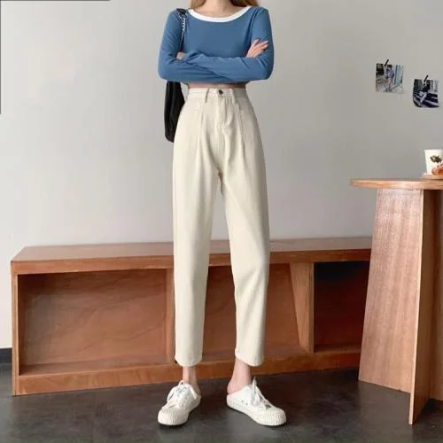 Jeans Women High Street Female Korean Style Pure Color Vaqueros Mujer Ankle-length Zipper Fly Students Harajuku Straight Daily