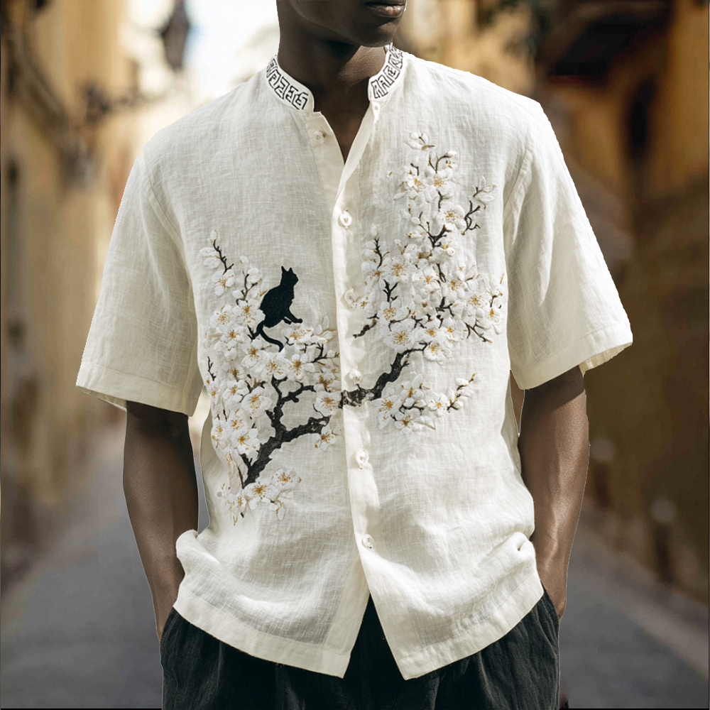 Japanese Style Cherry Blossom And Cat Art Embroidered Washed Short Sleeve Shirt elevenforest