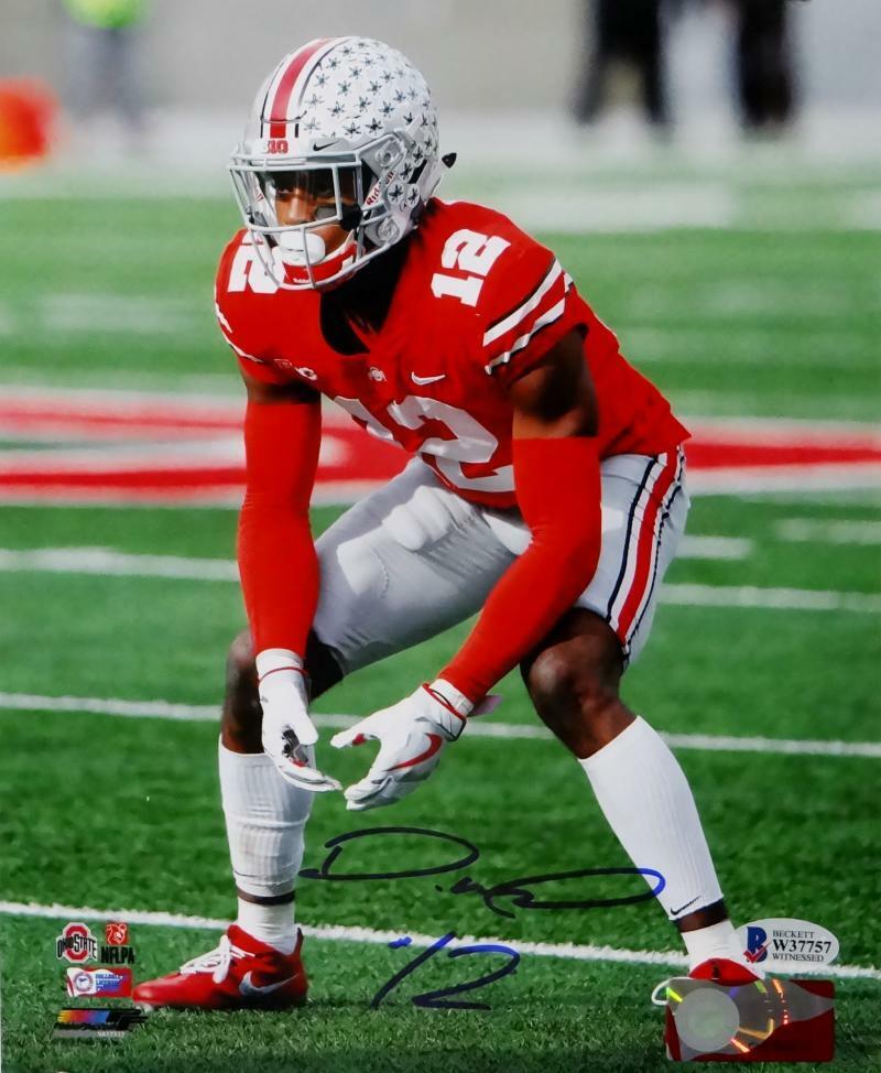 Denzel Ward Autographed OSU Buckeyes 8x10 In Stance PF Photo Poster painting- Beckett Auth