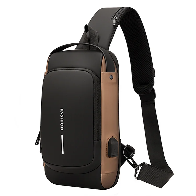 Men Chest Bag Anti Theft USB Charging Port Sports Leather Crossbody Bag (Brown)