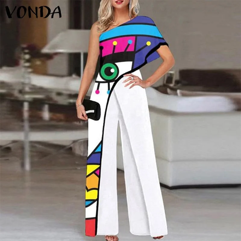 Wide Leg Rompers Casual Palazzo VONDA 2022 Women Playsuits Loose Solid Sexy One Shoulder Jumpsuits Summer Office Party Overalls