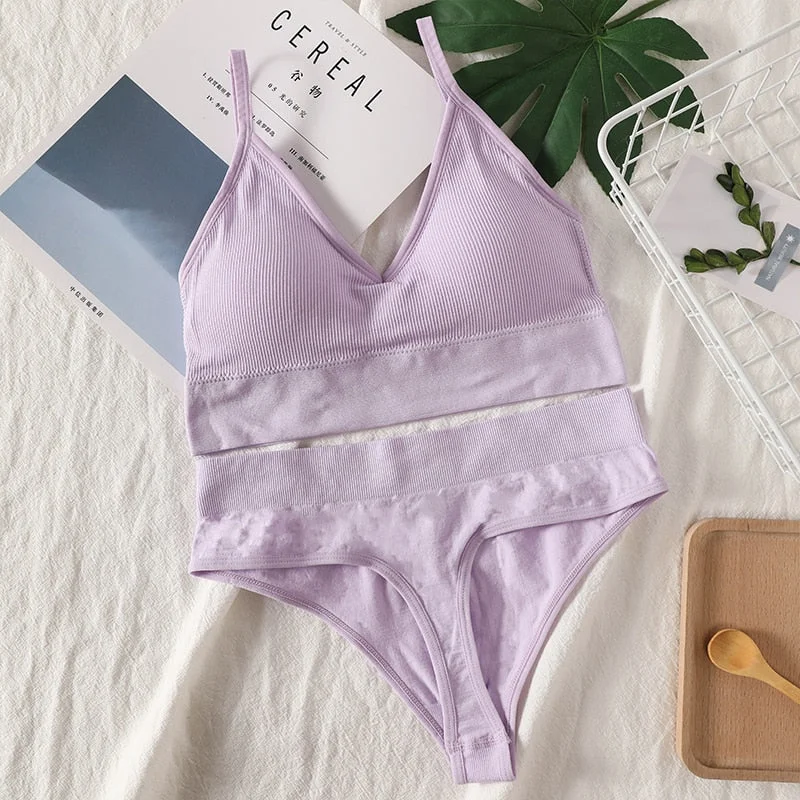 Women Bra Panties Set Sexy G-String Push Up Bra Crop Top Seamless Underwear Fitness Active Bra Top Thongs Female Lingerie Set