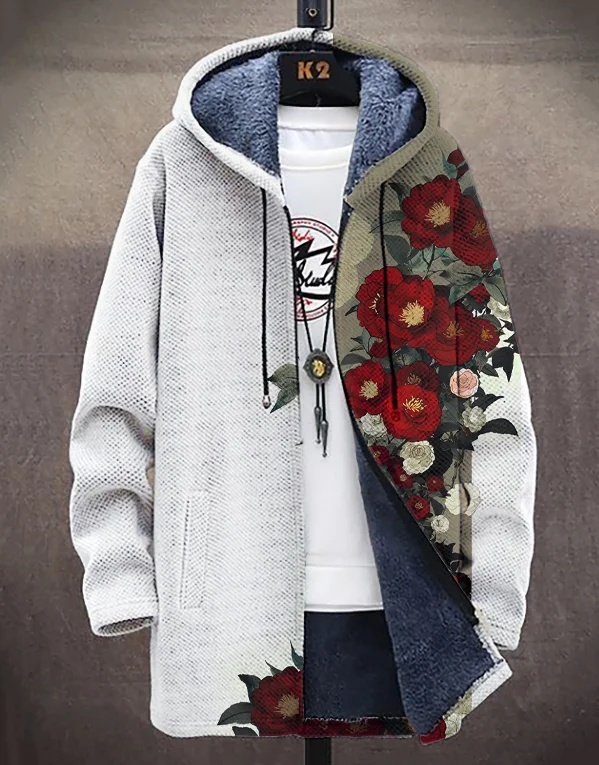Men's Camellia Japanese Art Print Hooded Trench Coat