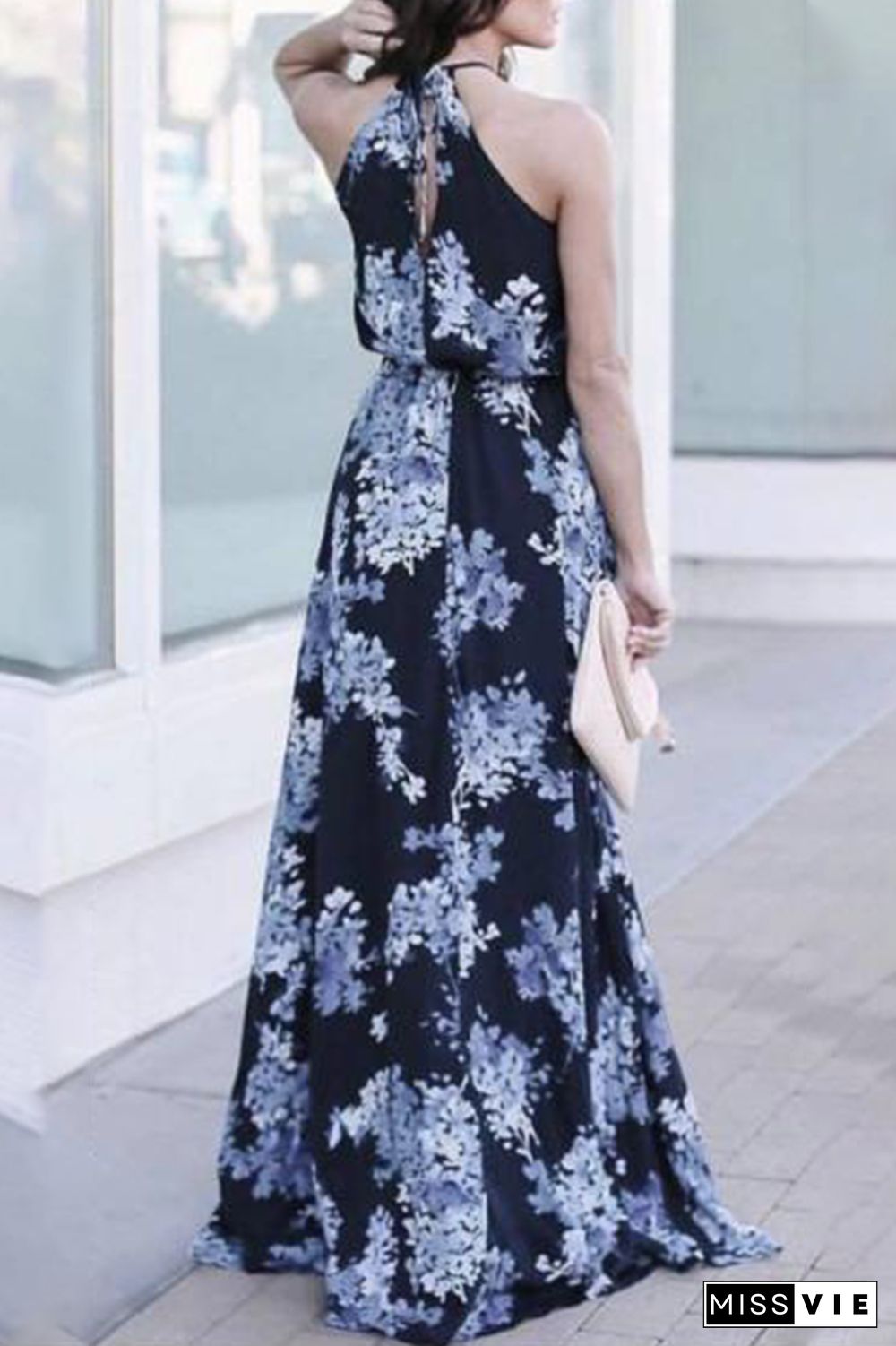 Elegant Floral Frenulum High Opening Halter A Line Dresses(3 Colors)