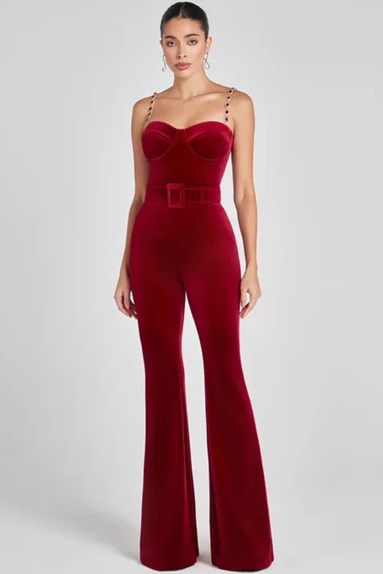 Rhinestone Straps Flare Leg Belt Velvet Jumpsuit-Red