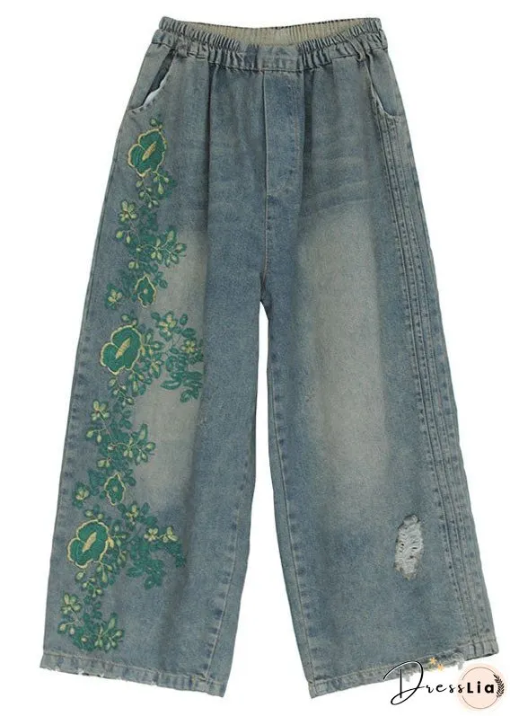 Vintage Blue Embroideried Cotton Ripped&nbsp;Jeans Pants Fall