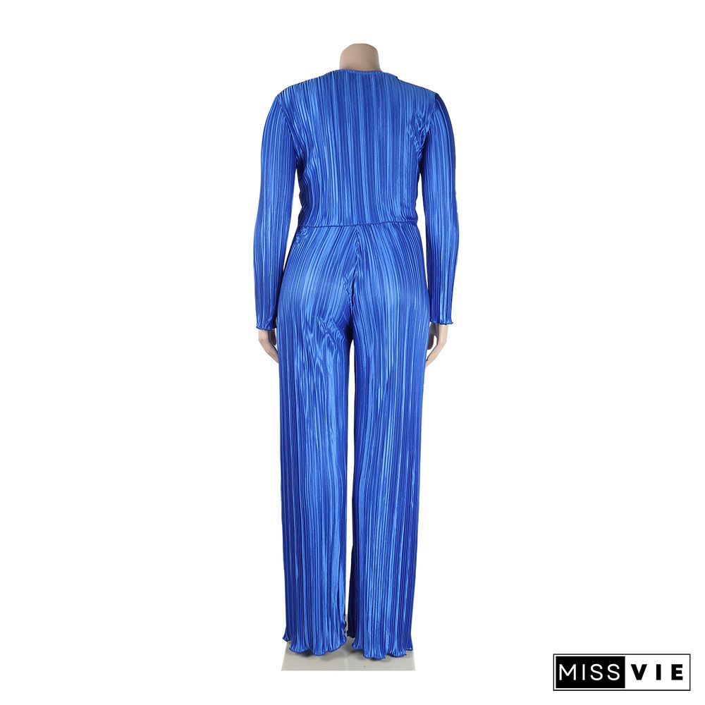 Pleated Loose Blouse Crop Top Wide Leg Pants Outfits