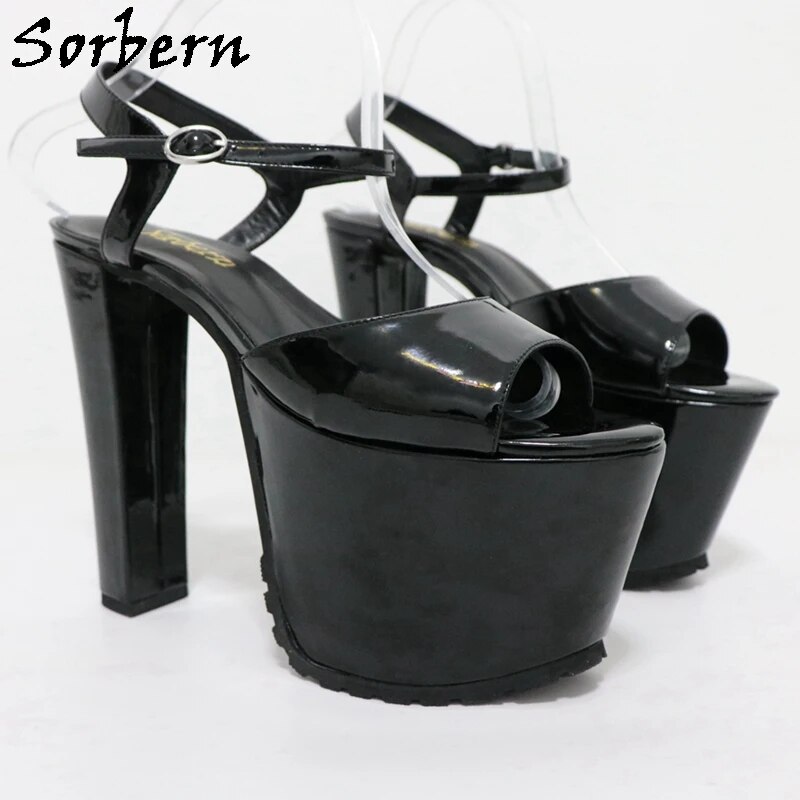 VCSHOES Black Shiny Sandals Women Unisex Style Slingback Open Toe Chunky Block High Heel 15Cm Thick Platform Drag Queen Heels