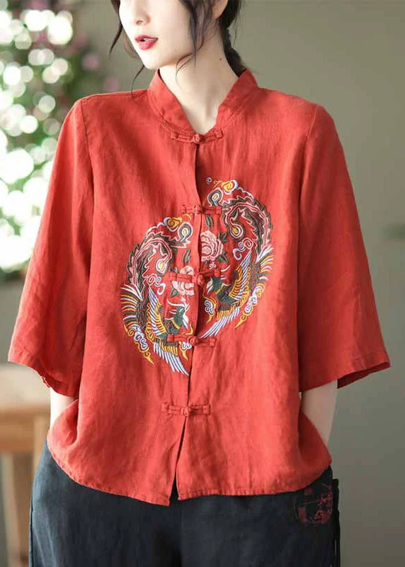 DIY Red Stand Collar Embroideried Linen Shirts Long Sleeve