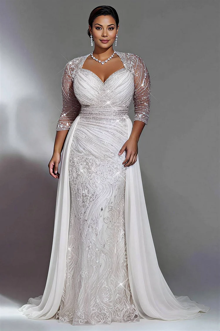 Xpluswear Design Plus Size Wedding White Square Neck 3/4 Sleeve With&nbsp;Skirt&nbsp;Overlay&nbsp;See Through Sequin Maxi Dresses [Pre-Order] 2024 - Xpluswear