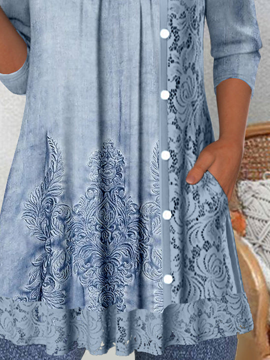 Women's Long Sleeve Scoop Neck Graphic Lace Buttons Top