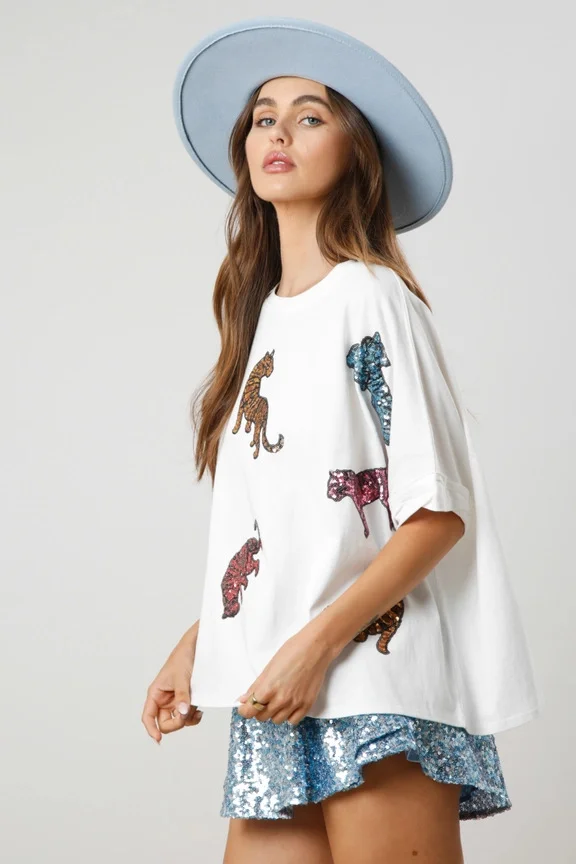 Casual Loose Tiger Sequin Short Sleeve T-Shirt