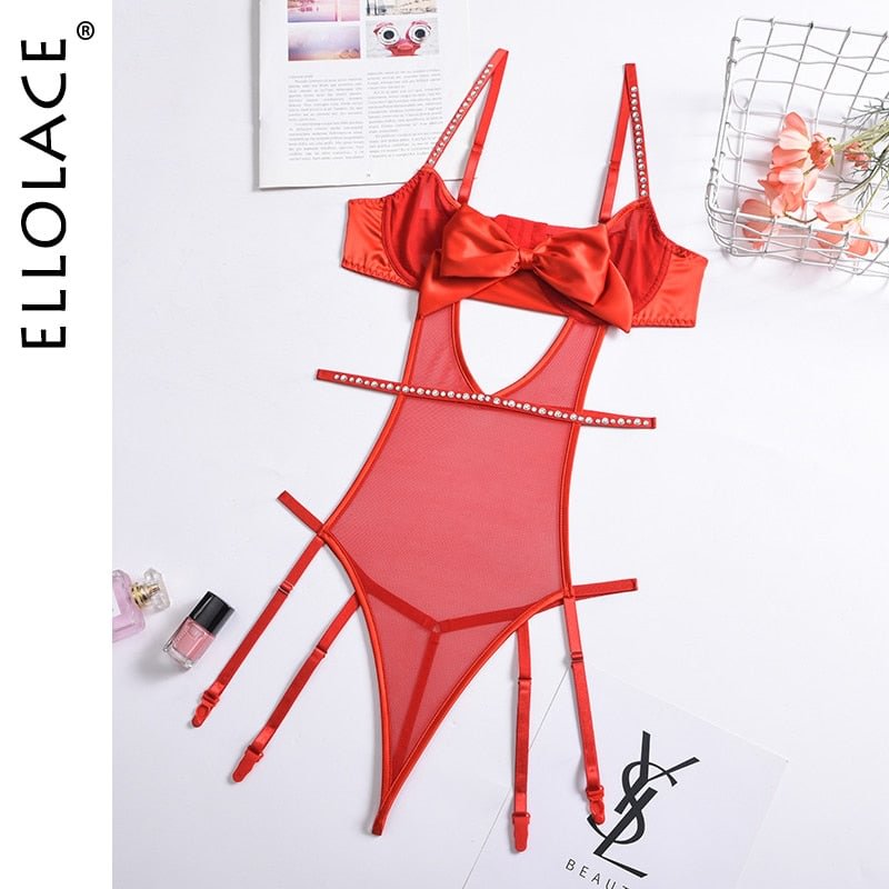 Ellolace Sensual Bodysuit Women Rhinestone Christmas Red Erotic Lingerie Bowknot Hot Mesh Hollow Out Porn Babydoll Sexy Costume