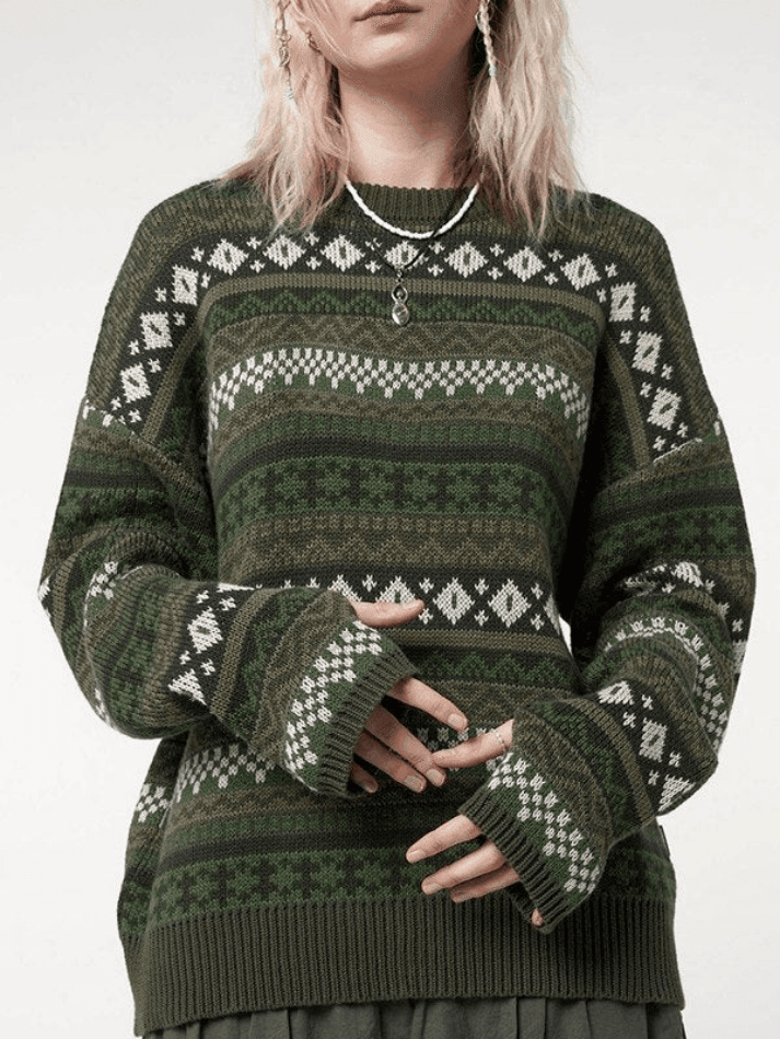 Brownm Long Sleeve Vintage Jacquard Sweater