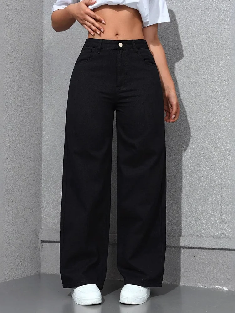 Dark Blue High-Waisted Wide-Leg Jeans, The Classic Version Modifies The Leg Shape, The High-Waist Design Highlights The Waistline, The Loose Trouser Legs Cover The Flesh And Make You Look Thinner, Fashionable And Versatile