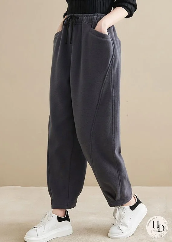 Plus Size Dark Gray Pockets Elastic Waist Warm Fleece Crop Pants