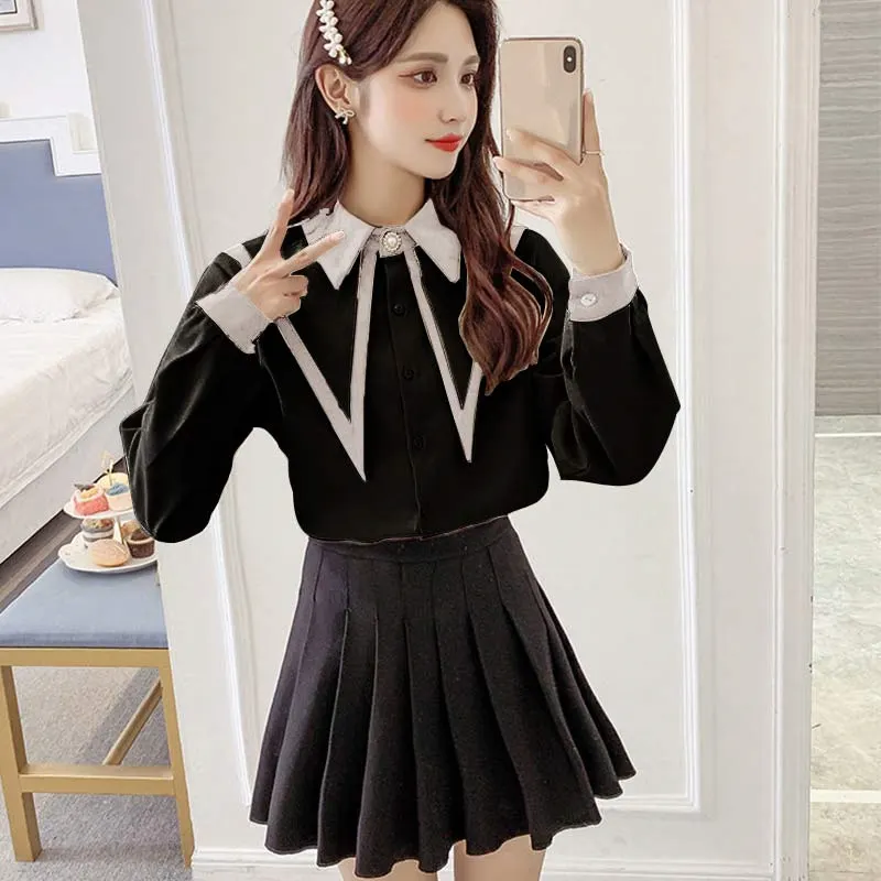 Lapel Shirt Pleated Skirt Two Piece Set