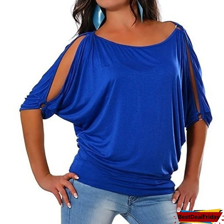 Plus Size Fashion Casual Women's Cold Shoulder Short Sleeve Casual Solid Color O-neck Loose Simple T Shirt Blouse Fashion Tops
