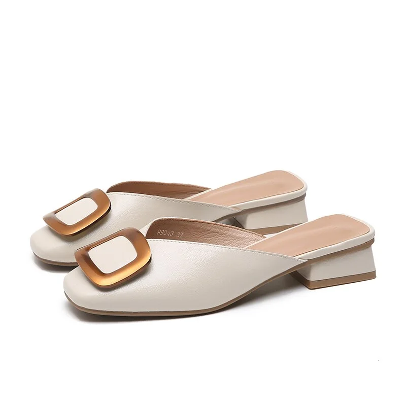 Ladies Mules Elegant Low Heel Buckle Women Slippers Slip-on Comfortable PU Ladies Office Shoes Summer Women Slippers